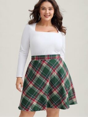 BloomChic Green and Red Plaid Skater Skirt